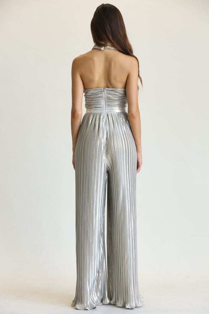 pleated cutout metallic halter jumpsuit - RK Collections Boutique