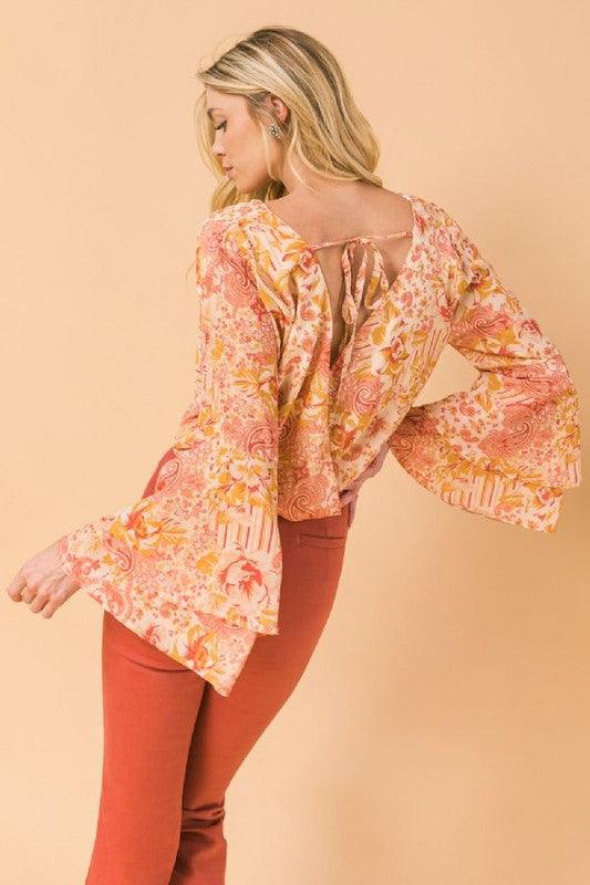 print chiffon surplice bell sleeve bodysuit-Tops-Bodysuit-Flying Tomato-RK Collections Boutique