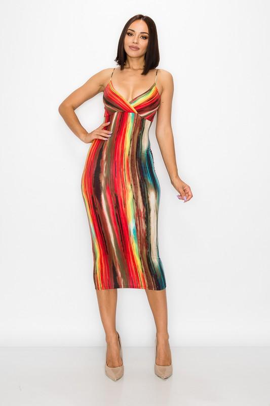 print sleeveless surplice bodycon midi dress-Dress-Magia-Multi-MD-8598-C-1-RK Collections Boutique