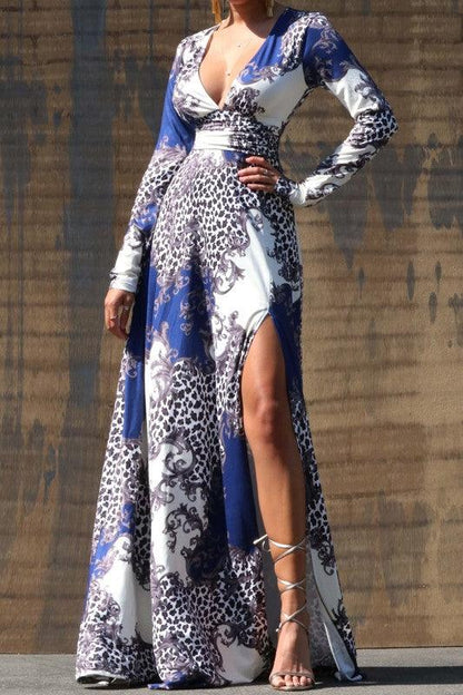 print v-neck long sleeve maxi dress-Dress-Maxi-Dress Day-Royal-DD1957-1-RK Collections Boutique