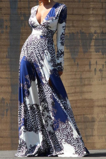 print v-neck long sleeve maxi dress-Dress-Maxi-Dress Day-RK Collections Boutique