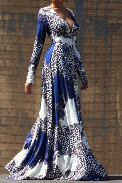 print v-neck long sleeve maxi dress-Dress-Maxi-Dress Day-RK Collections Boutique