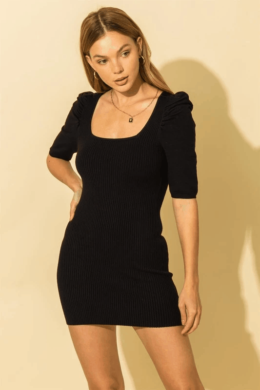 puff shoulder ribbed knit bodycon dress - RK Collections Boutique