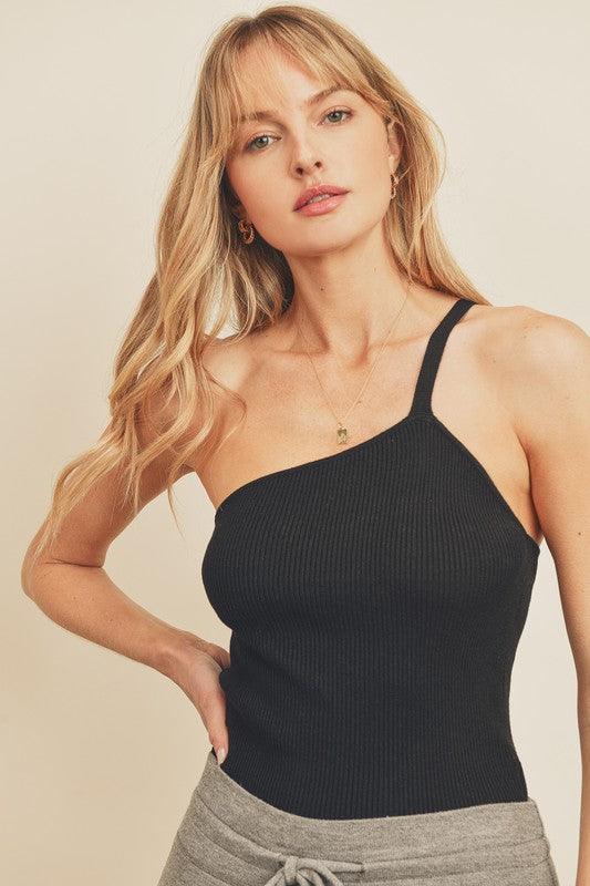 Ribbed Knit One Shoulder Top-Tops-Sleeveless-Dress Forum-Black-FW6712-1-RK Collections Boutique