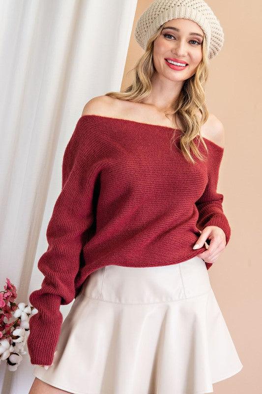 ribbed off the shoulder sweater-Tops-Sweater-eesome-Merlot-SG5818-1-RK Collections Boutique