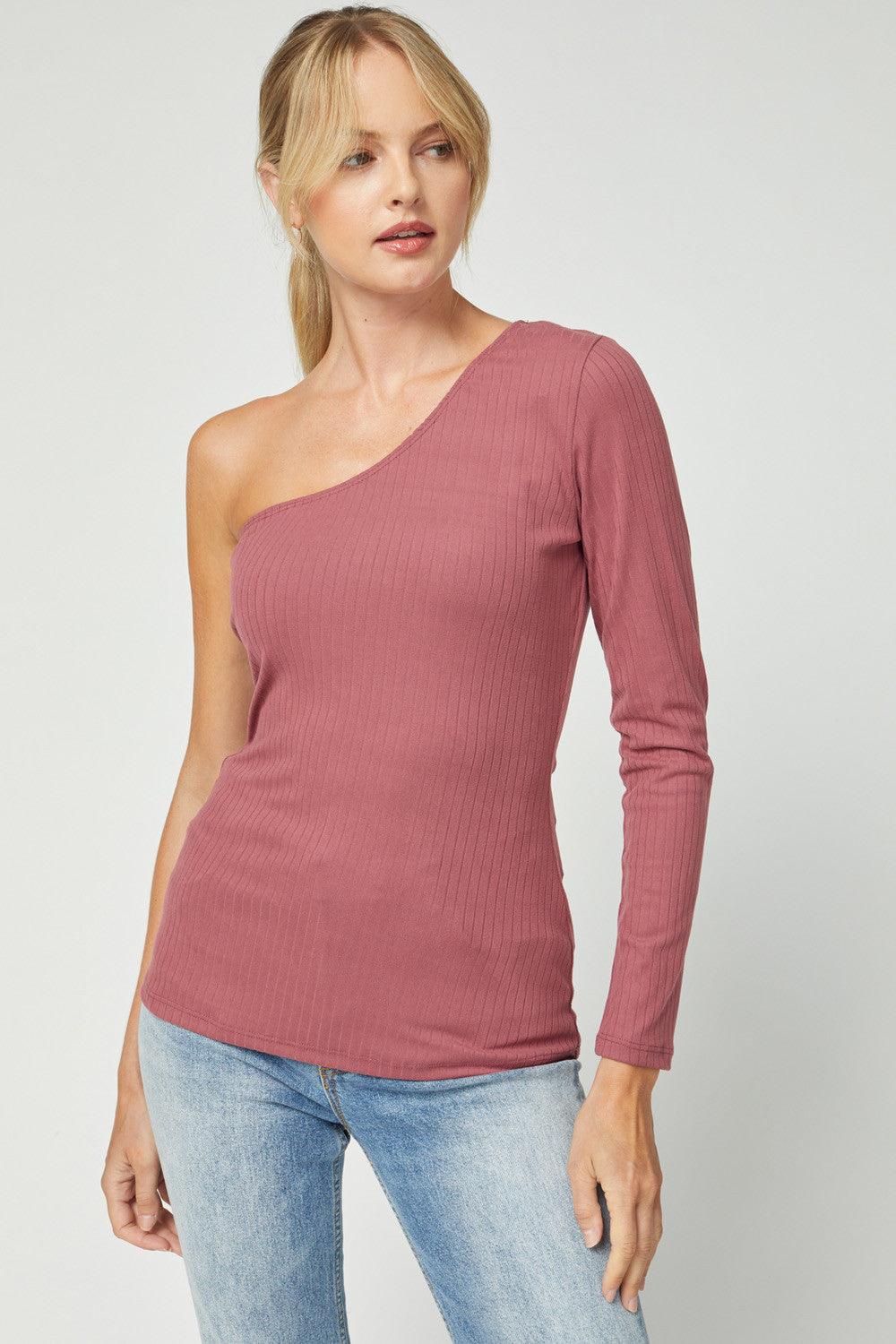 Ribbed one sleeve top-Tops-Long Sleeve-Entro-Mauve-6049-1-RK Collections Boutique