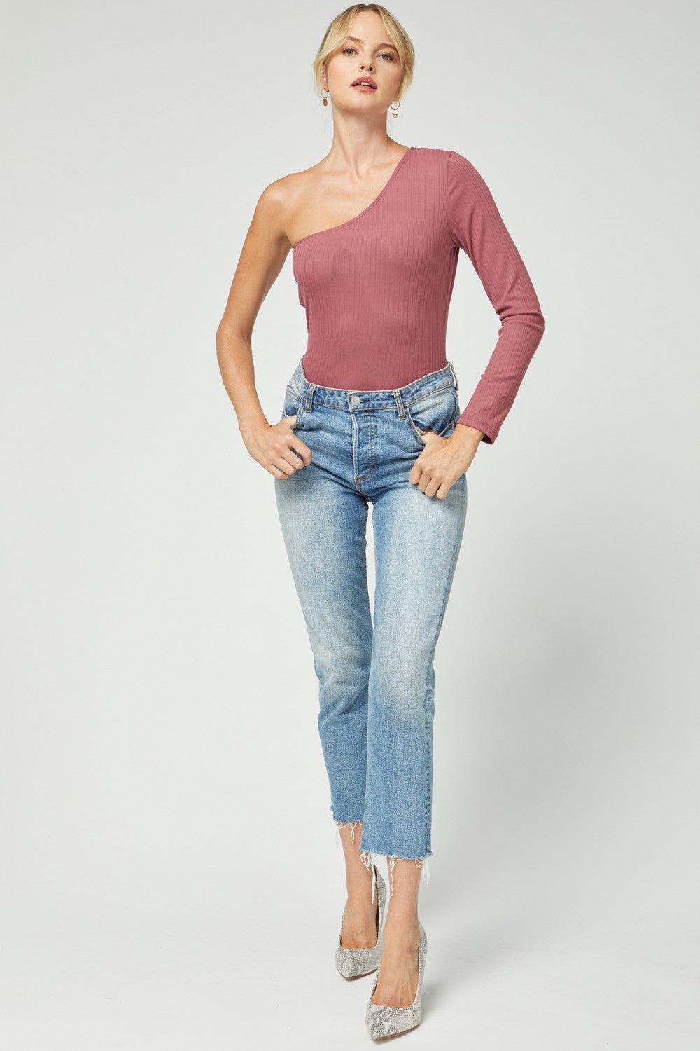 Ribbed one sleeve top-Tops-Long Sleeve-Entro-alomfejto