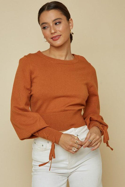 round neck lace up sleeve sweater - RK Collections Boutique