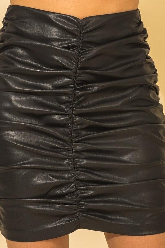 ruched faux leather skirt-Skirts-Fiestar-alomfejto