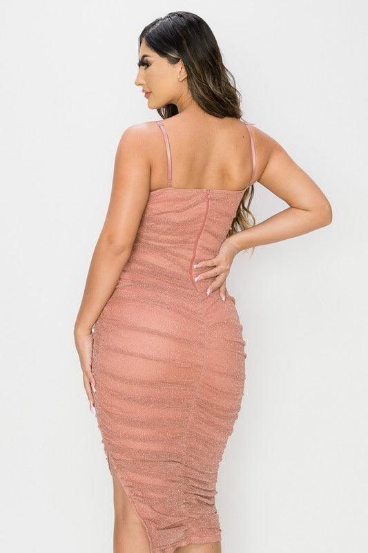 ruched mesh lurex side slit midi dress - RK Collections Boutique