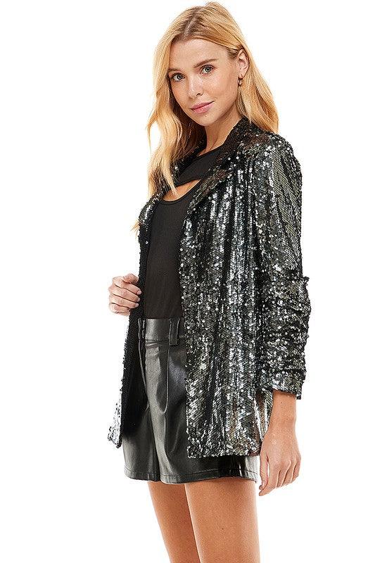 ruched sleeve open front sequin blazer - alomfejto