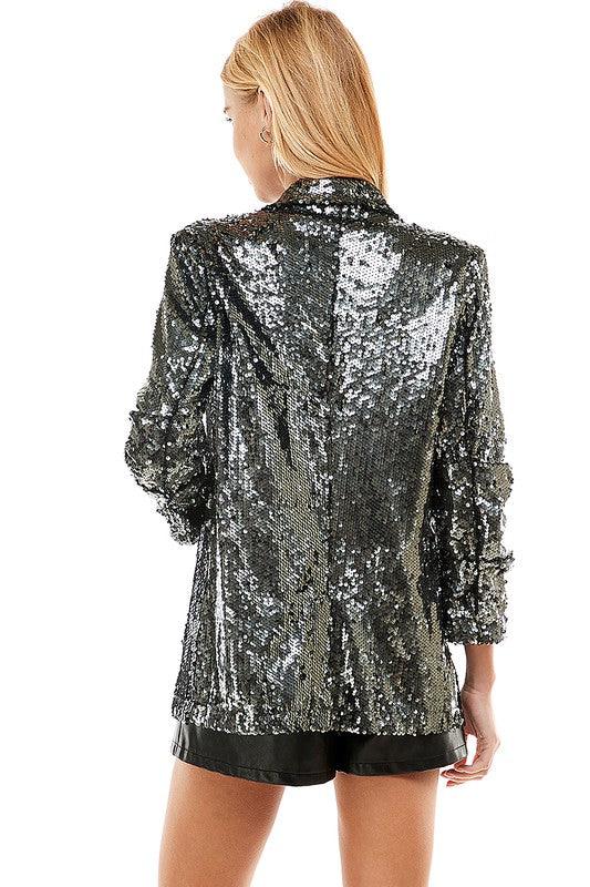 ruched sleeve open front sequin blazer - RK Collections Boutique