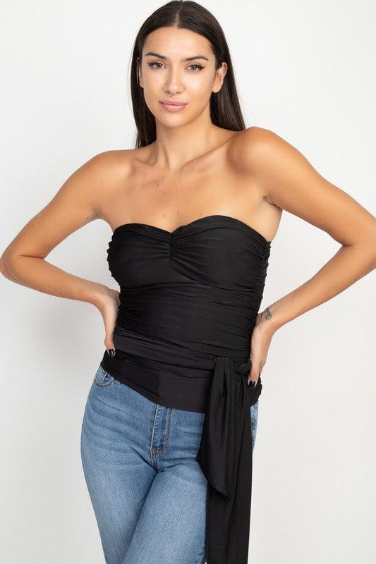 ruched strapless top with wrap around waist tie-Tops-Sleeveless-Iris-Black-M9T370-1-RK Collections Boutique