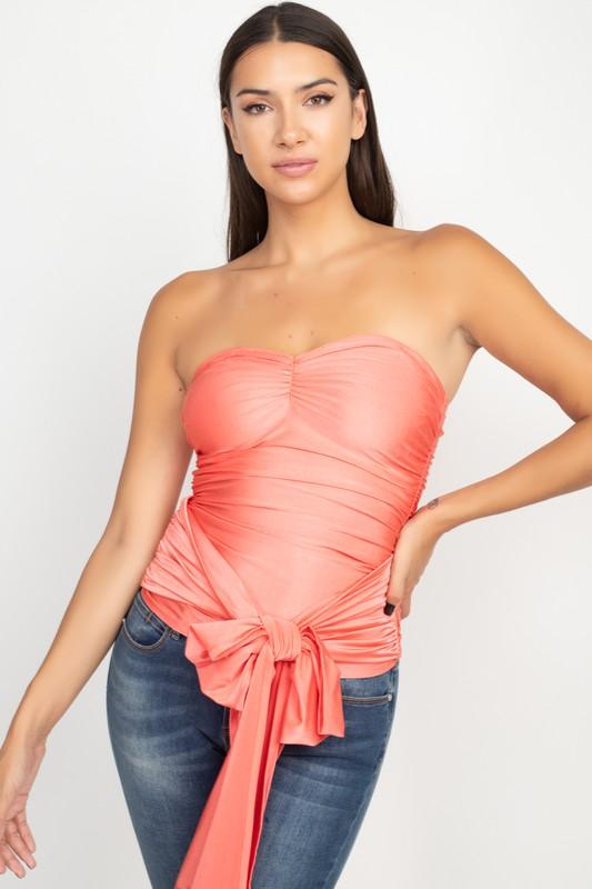 ruched strapless top with wrap around waist tie-Tops-Sleeveless-Iris-Coral-M9T370-4-RK Collections Boutique