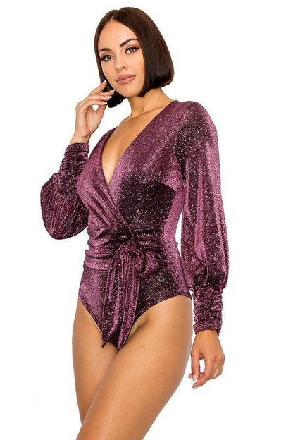 shimmer belted long sleeve bodysuit - RK Collections Boutique