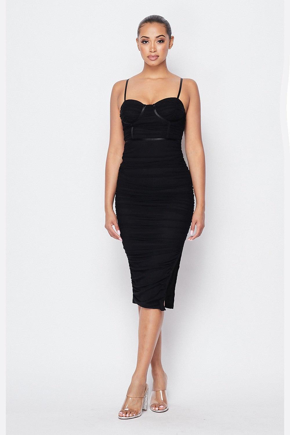shirred mesh bustier midi dress Black / SMALL shirred mesh bustier midi dress Black / SMALL