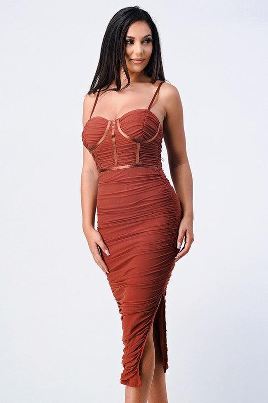 shirred mesh bustier midi dress - RK Collections Boutique