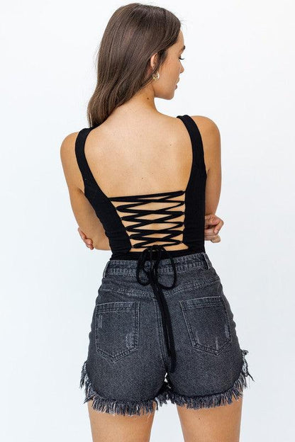 sleeveless lace up back bodysuit-Tops-Bodysuit-Le Lis-Black-MT3643-1-RK Collections Boutique
