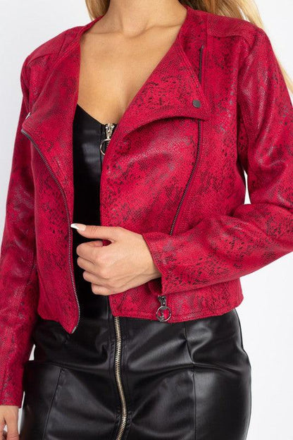 Snakeskin Faux leather Moto Jacket-Tops-Jacket-Fashion USA-Red-OJ3730-1-RK Collections Boutique