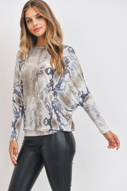 snakeskin jersey dolman top-Tops-Long Sleeve-Cherish USA-Grey Multi-T23124-1-RK Collections Boutique