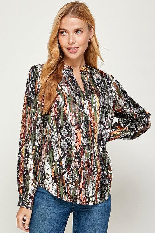 snakeskin long sleeve button front blouse - alomfejto