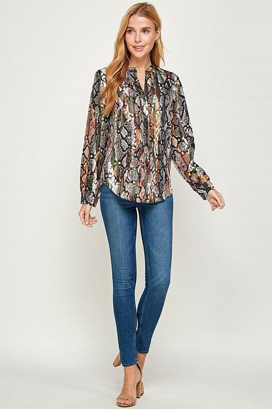 snakeskin long sleeve button front blouse - RK Collections Boutique
