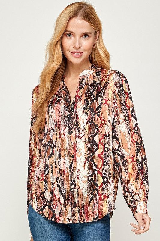 snakeskin long sleeve button front blouse - RK Collections Boutique