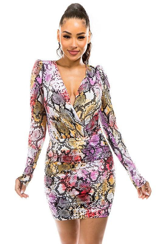 snakeskin ruched surplice dress - RK Collections Boutique