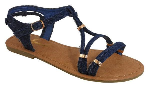 strappy flat sandals with gold accent-Shoe:Flat-Sandal-Red Shoe Lover-Denim-ELM-20-P-1-RK Collections Boutique
