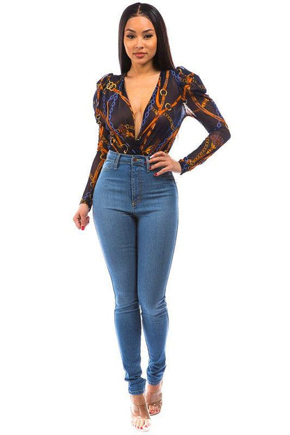 straps & chain puff sleeve surplice bodysuit-Tops-Bodysuit-Day G-RK Collections Boutique