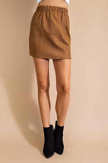 suede elastic waist snakeskin mini skirt-Skirts-L Love-Camel-LV7888-4-RK Collections Boutique
