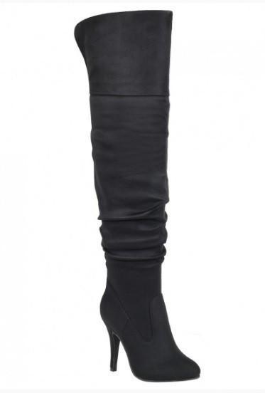 Suede Scrunch Over Knee High Stiletto Boots-Shoe:TallBoot-Forever-Black-2061469-RK Collections Boutique