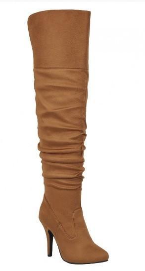 Suede Scrunch Over Knee High Stiletto Boots-Shoe:TallBoot-Forever-Tan-2061478-tarpiniangroup