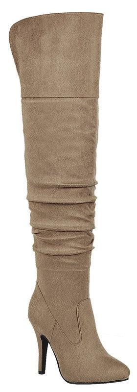 Suede Scrunch Over Knee High Stiletto Boots-Shoe:TallBoot-Forever-Taupe-2061469-RK Collections Boutique