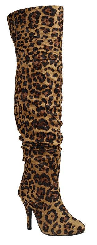Suede Scrunch Over Knee High Stiletto Boots-Shoe:TallBoot-Forever-Leopard-2061478-RK Collections Boutique