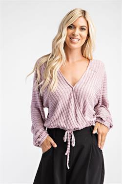Surplice Ribbed Top With Drawstring-Tops-Long Sleeve-Glam-Blush-GT2095-1-RK Collections Boutique