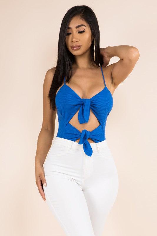 tank bodysuit with cutouts and front ties-Tops-Bodysuit-Fashion Wildcat-Royal Blue-18T836-1-RK Collections Boutique