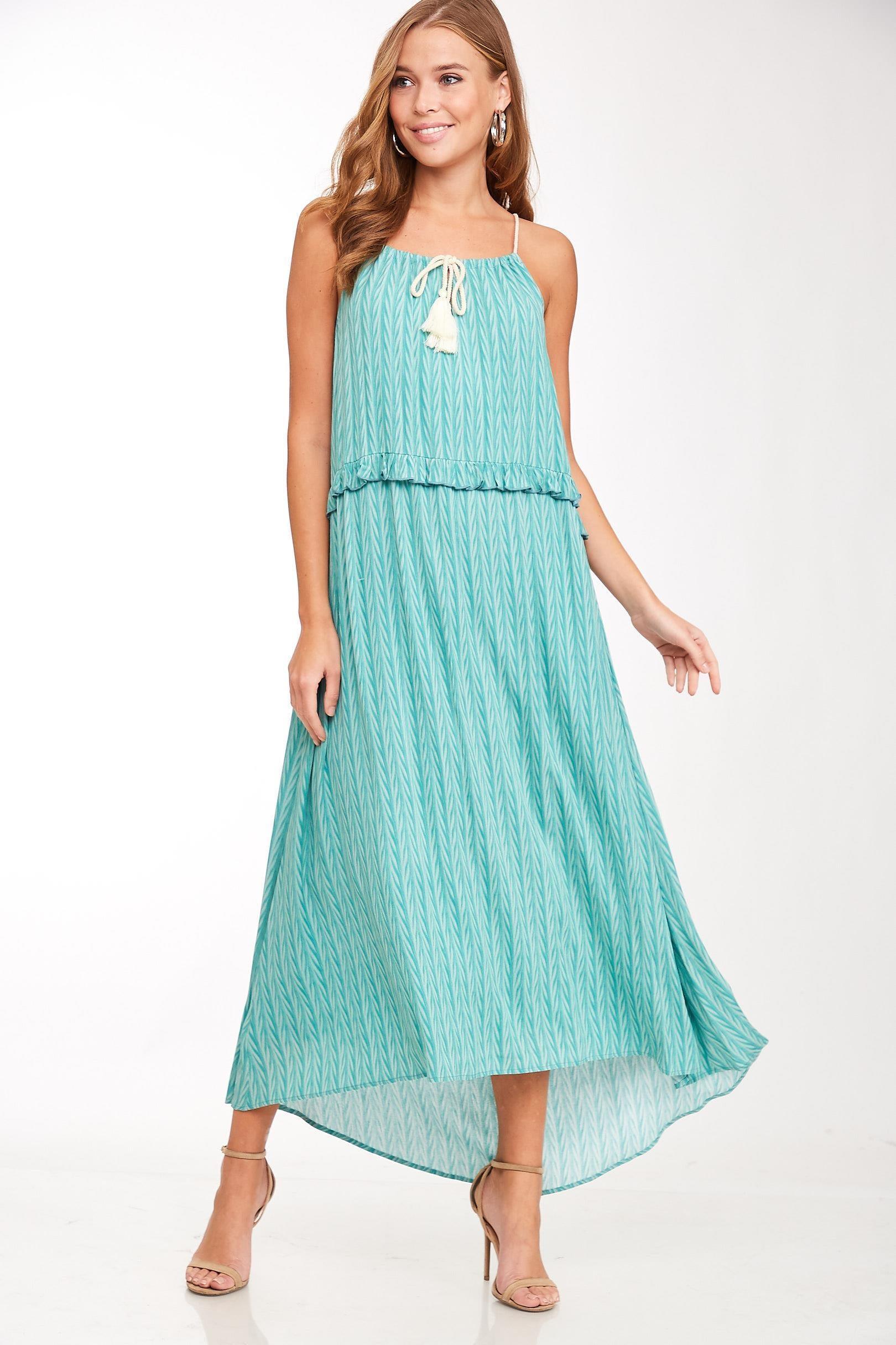 tassel tie chevron maxi dress-Dress-L Love-Turquoise-LV2577-1-RK Collections Boutique