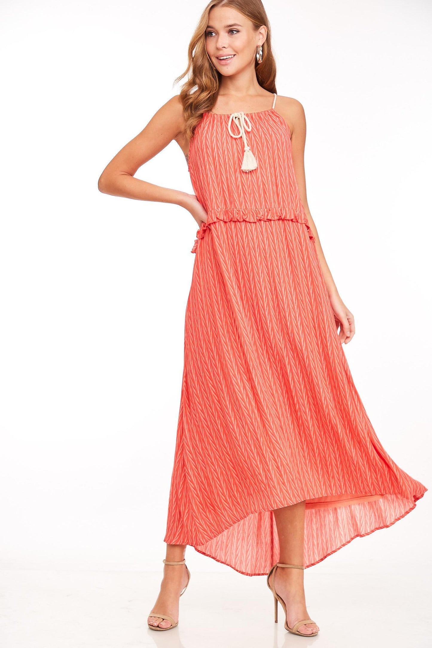 tassel tie chevron maxi dress-Dress-L Love-Coral-LV2577-4-RK Collections Boutique
