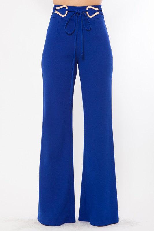 Tie buckle belted flare pant-Pants-Valentine-Royal Blue-P13681-1-alomfejto