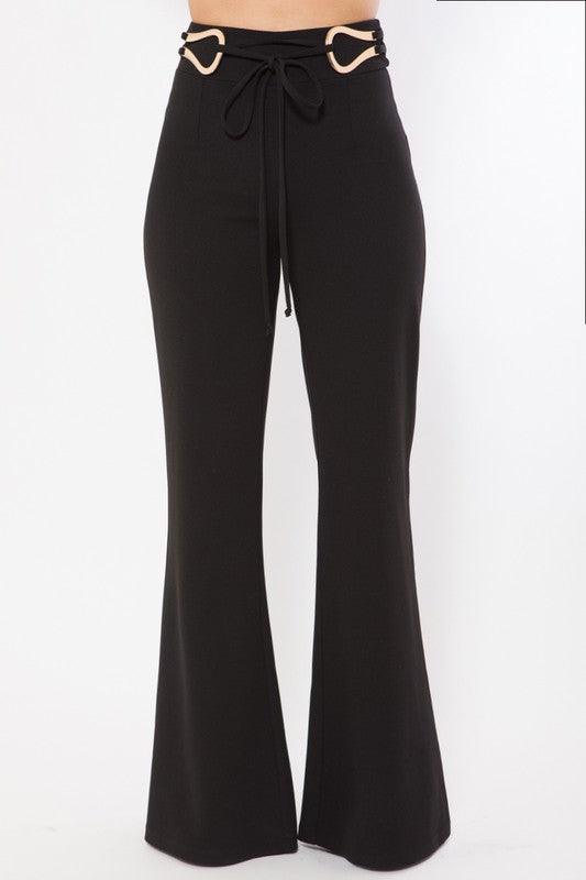 Tie buckle belted flare pant-Pants-Valentine-Black-P13681-4-RK Collections Boutique