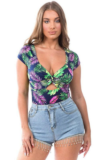 Tropical cap sleeve v neck cutout bodysuit-Tops-Bodysuit-DAY G-Navy/Green-DB10832-1-RK Collections Boutique