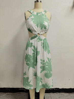 tropical leaf print cut out midi dress-Dress-The Vintage Shop-Ivory/Mint-VID9992-1-RK Collections Boutique