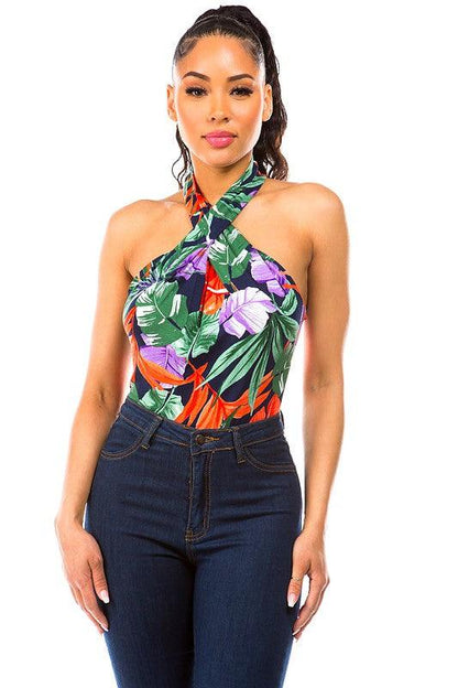 tropical print sleeveless bodysuit-Tops-Bodysuit-DAY G-Navy/Multi-DB11046A-1-RK Collections Boutique