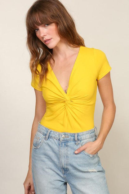 Twist front v-neck short sleeve bodysuit-Tops-Bodysuit-Timing-Yellow-TP1134-13-RK Collections Boutique
