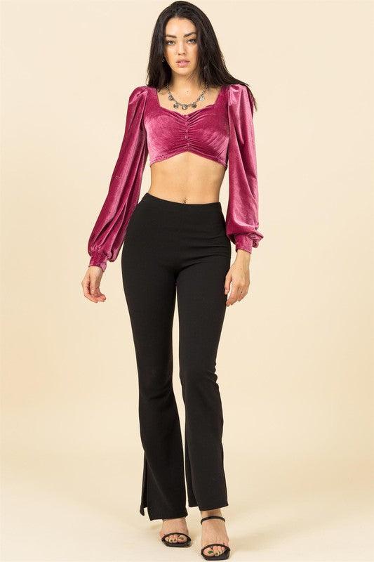 velvet balloon sleeve faux button ruched crop top - RK Collections Boutique