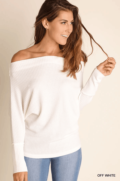 Waffle Off Shoulder Batwing Long Sleeve Top - RK Collections Boutique