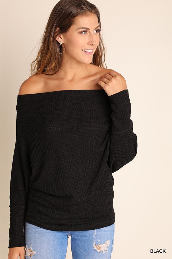 Waffle Off Shoulder Batwing Long Sleeve Top-Tops-Long Sleeve-Umgee-Black-C0273-1-RK Collections Boutique