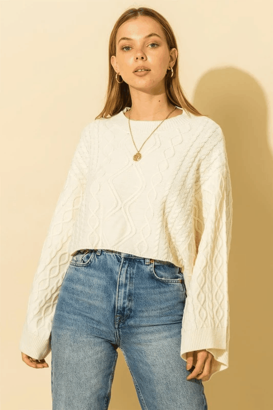 wide sleeve cable knit crop sweater - RK Collections Boutique