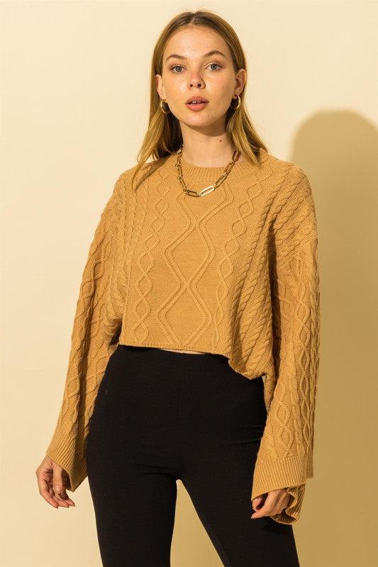 wide sleeve cable knit crop sweater-Tops-Sweater-Hyfve-Amber Gold-HF21G343-4-RK Collections Boutique